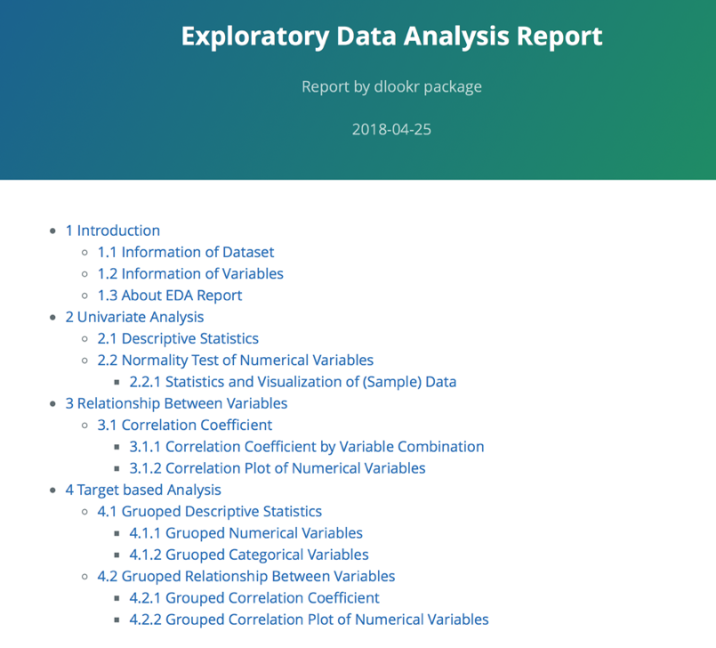 EDA report titles and table of contents