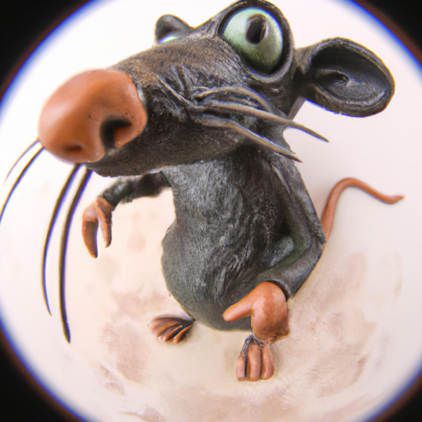 Claymation figure of a rat, photograph (fish eye lens)