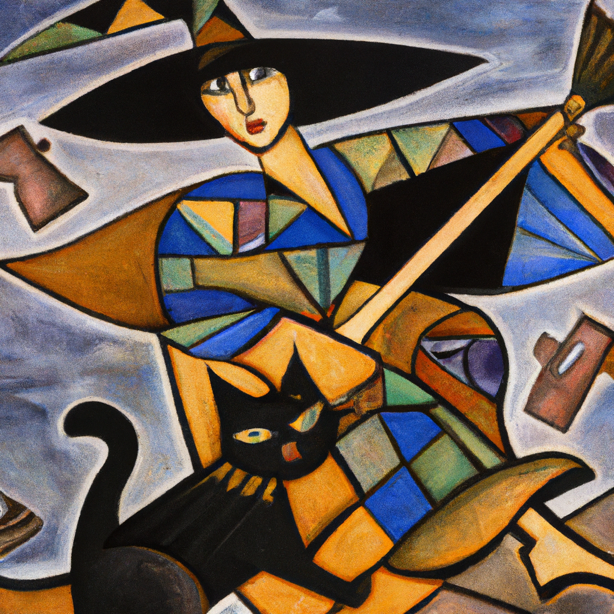 cubist painting of a young witch riding a broom with her black cat